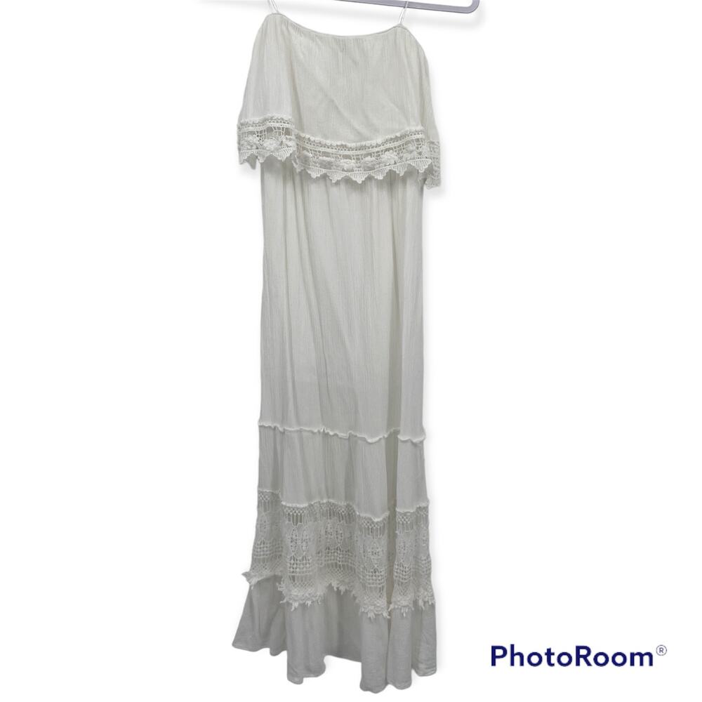 Blashe Ruffle White Beach Wedding Lace Overlay Maxi Dress Medium